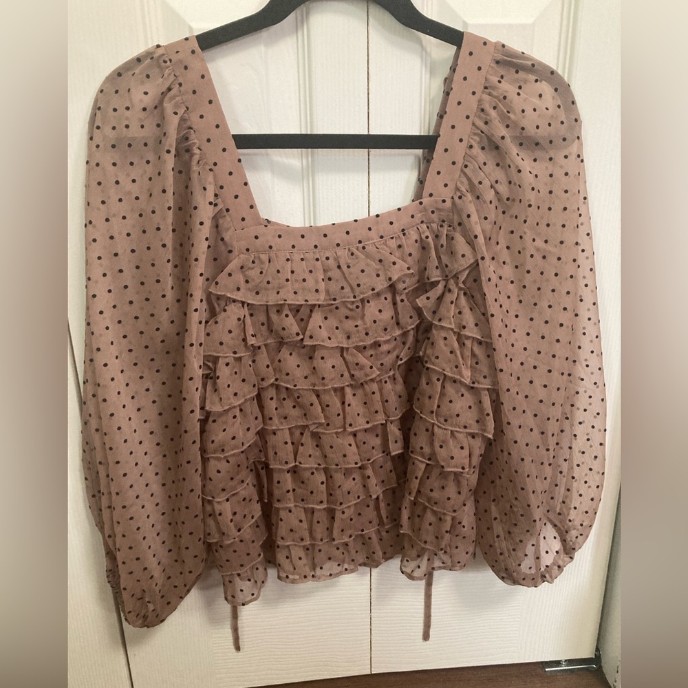 Versona Brown Puff Sleeve Ruffled Polka-Dot Blouse